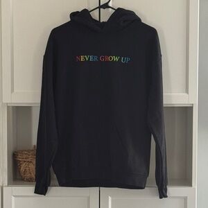 Men's Black Hoodie with Colorful 'Never Grow Up' Design